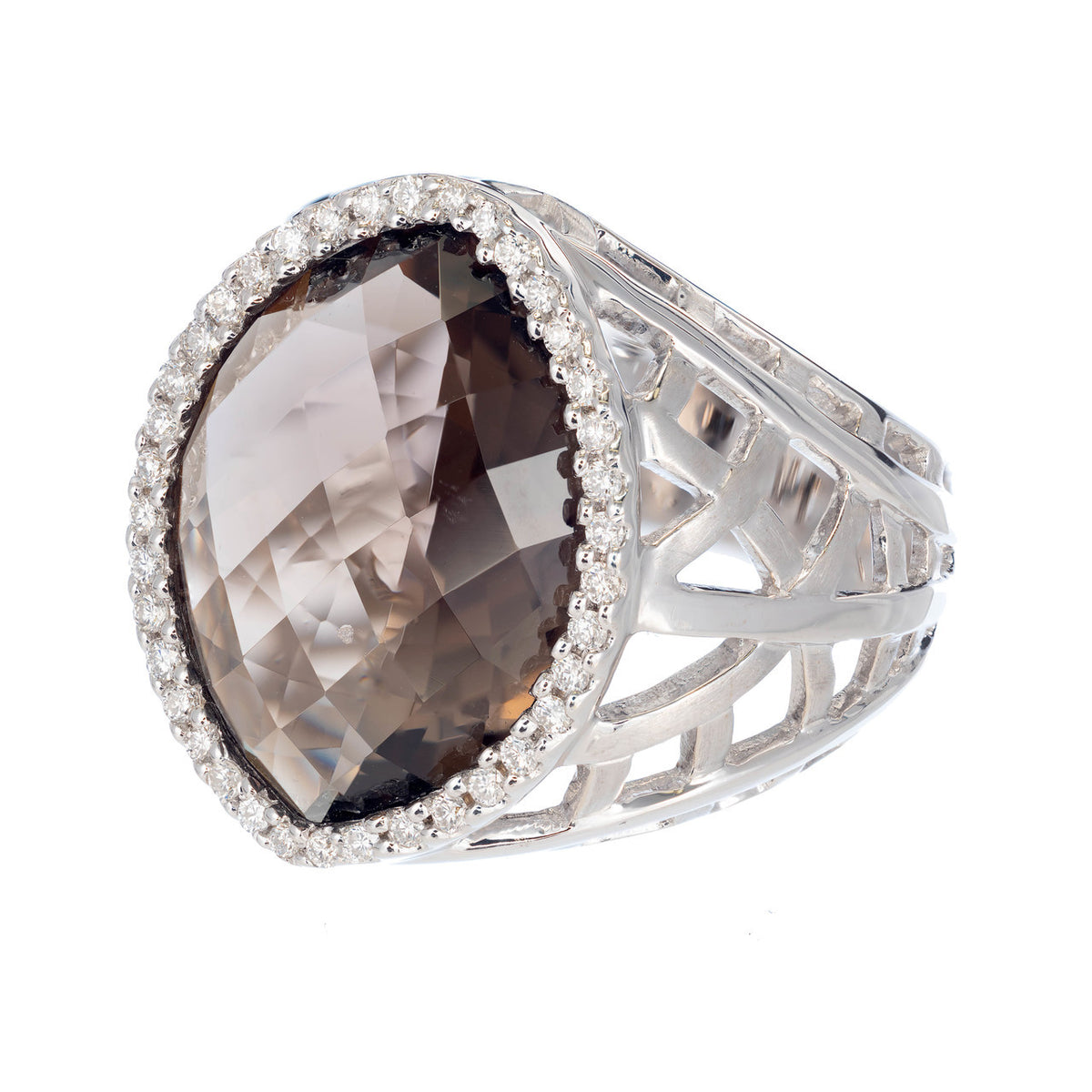 Estate Dramatic Faceted 12.14ct Marquise Smoky Topaz 38 Diamond White Gold Ring – image 2