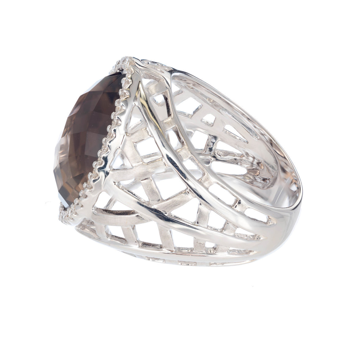 Estate Dramatic Faceted 12.14ct Marquise Smoky Topaz 38 Diamond White Gold Ring – image 3