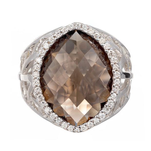 Estate Dramatic Faceted 12.14ct Marquise Smoky Topaz 38 Diamond White Gold Ring