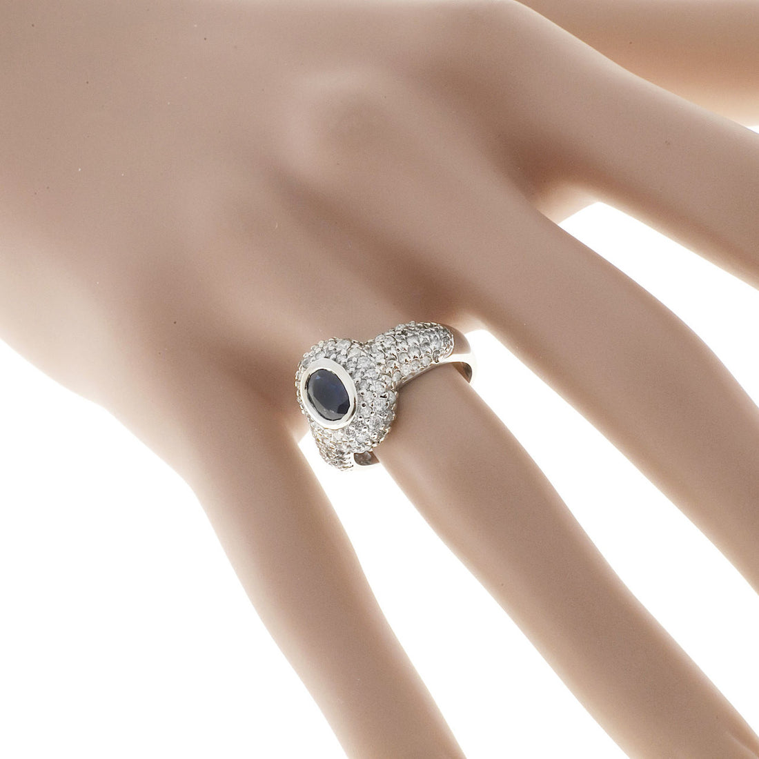 Vintage RJM Domed Oval 1.00ct Royal Blue Sapphire 108 Diamond Pave Set Ring – image 2