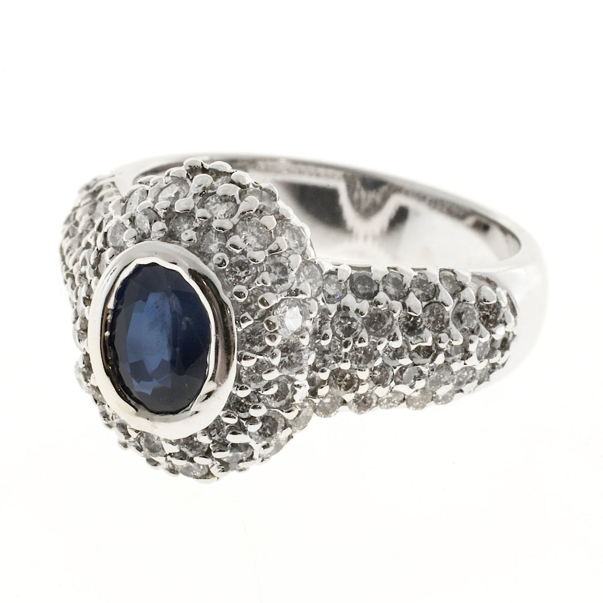 Vintage RJM Domed Oval 1.00ct Royal Blue Sapphire 108 Diamond Pave Set Ring – image 3