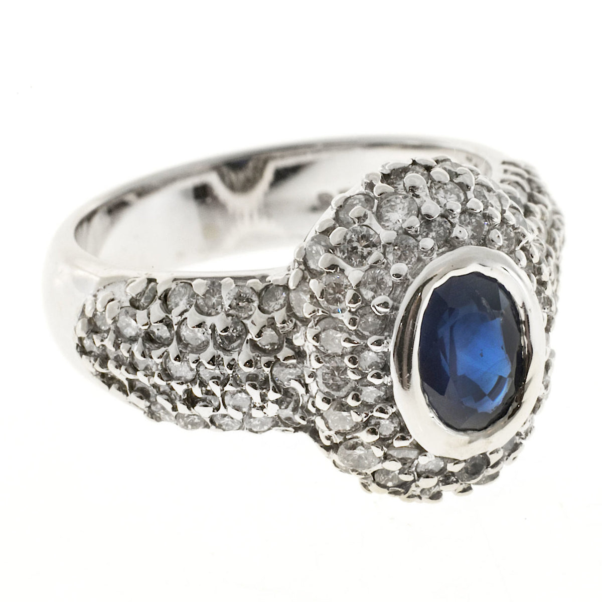 Vintage RJM Domed Oval 1.00ct Royal Blue Sapphire 108 Diamond Pave Set Ring – image 4