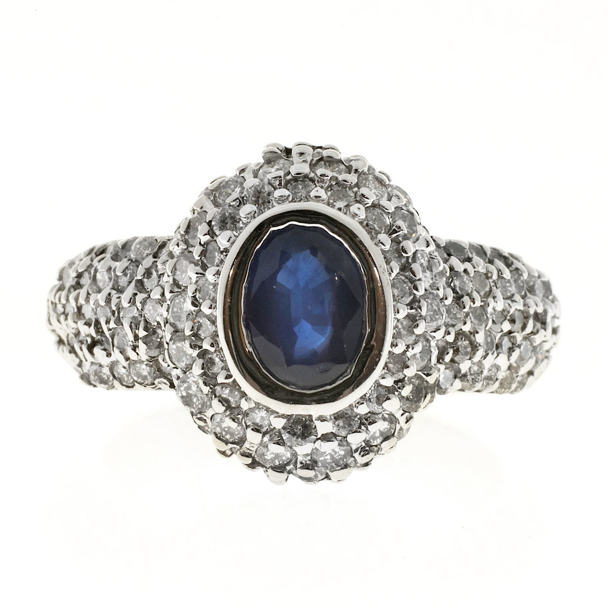 Vintage RJM Domed Oval 1.00ct Royal Blue Sapphire 108 Diamond Pave Set Ring