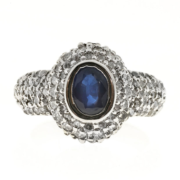 Vintage RJM Domed Oval 1.00ct Royal Blue Sapphire 108 Diamond Pave Set Ring