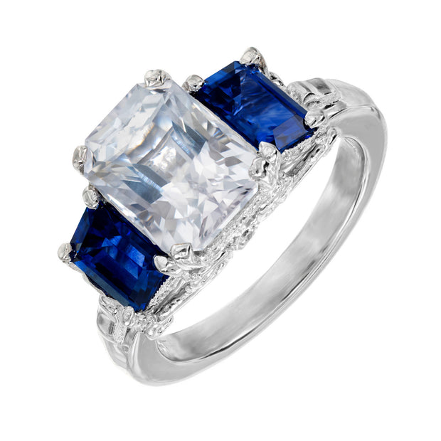 3.57 Carat Sapphire Diamond Platinum Scroll Three Stone Engagement Ring
