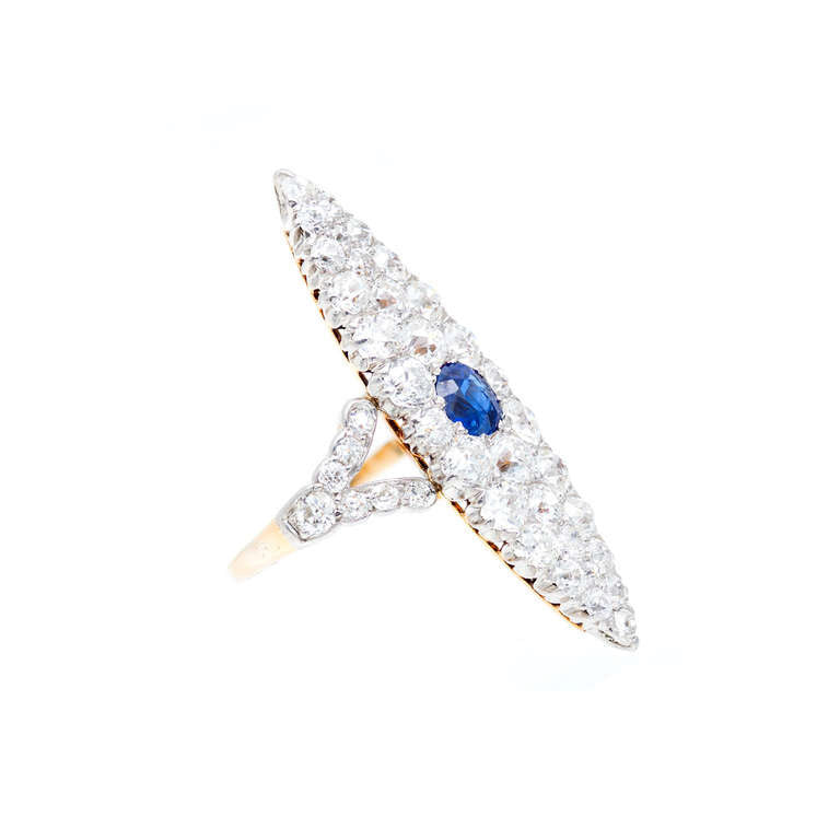 Antique Victorian 1900 Elongated Marquise Natural .63ct Gem Blue Sapphire Diamond Ring – image 3