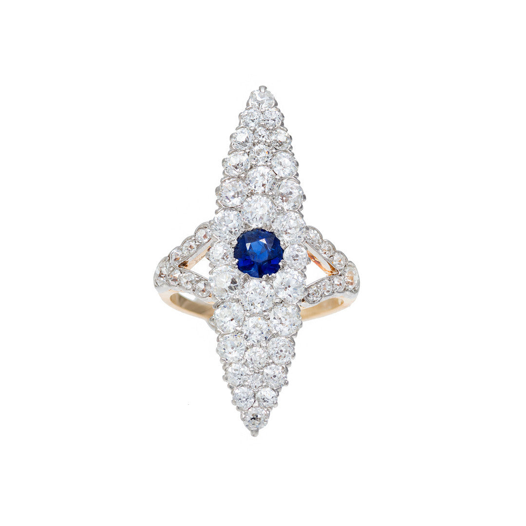 Antique Victorian 1900 Elongated Marquise Natural .63ct Gem Blue Sapphire Diamond Ring – image 2