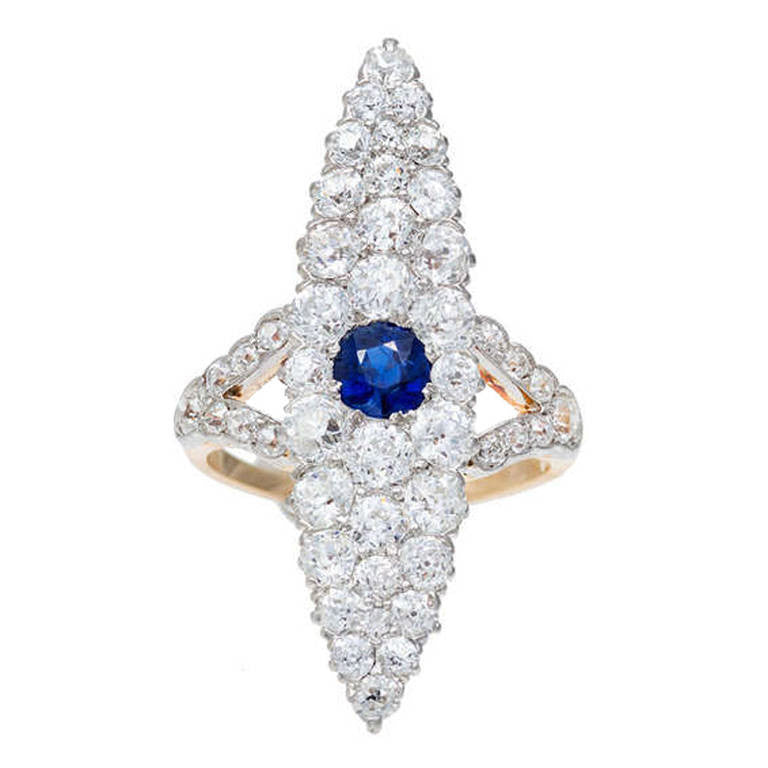 Antique Victorian 1900 Elongated Marquise Natural .63ct Gem Blue Sapphire Diamond Ring