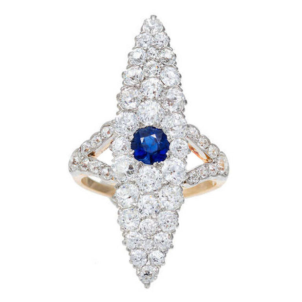 Antique Victorian 1900 Elongated Marquise Natural .63ct Gem Blue Sapphire Diamond Ring