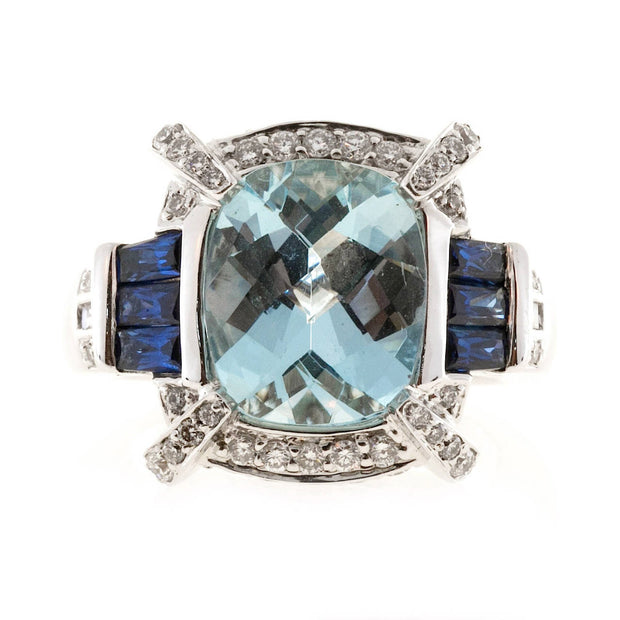 Vintage Charles Krypell 3.69ct Aqua Sapphire 18k Baguette Round Diamond Ring