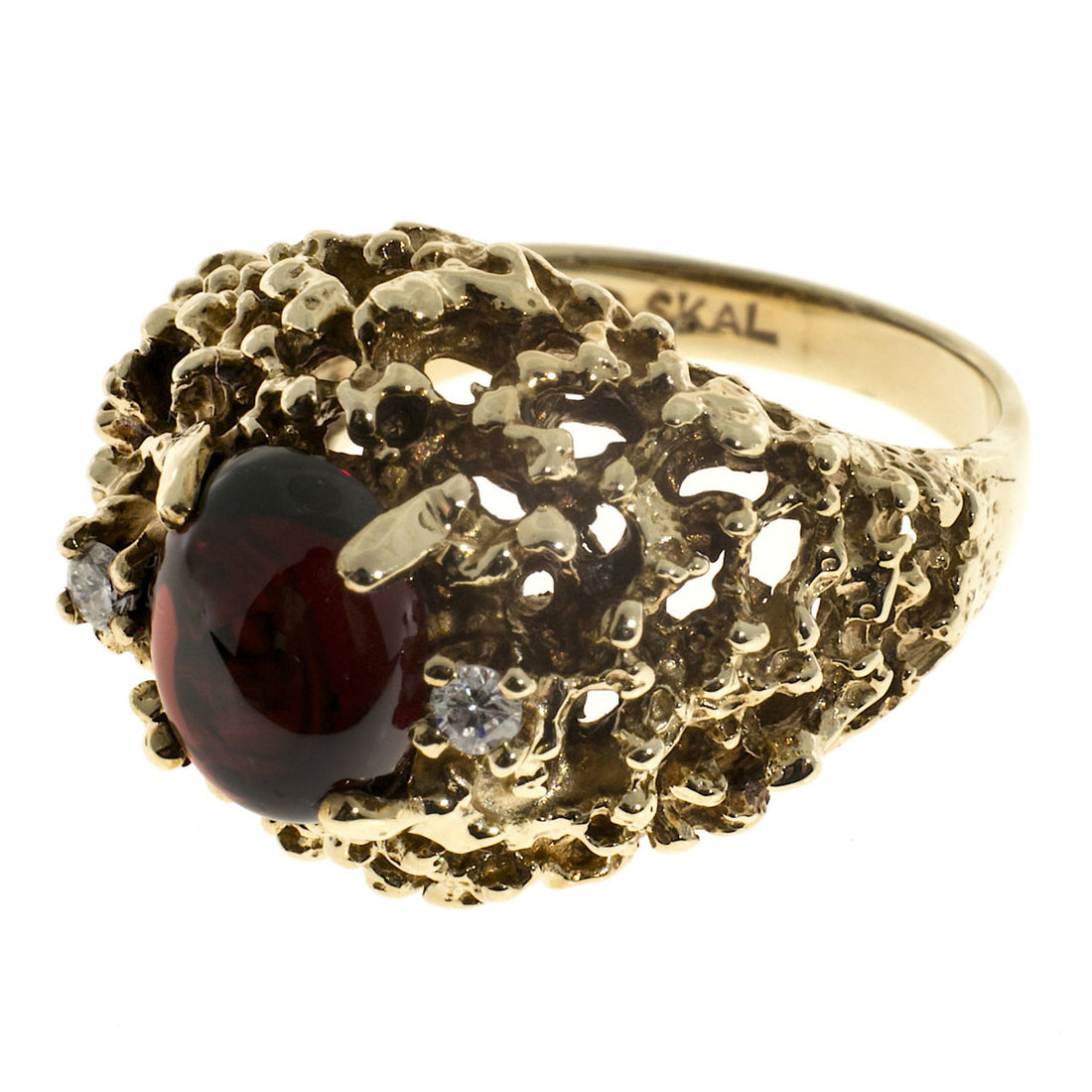 Vintage Skal Designer Open Nugget Cabochon Garnet Diamond Size 4 1/2 14k Ring – image 5
