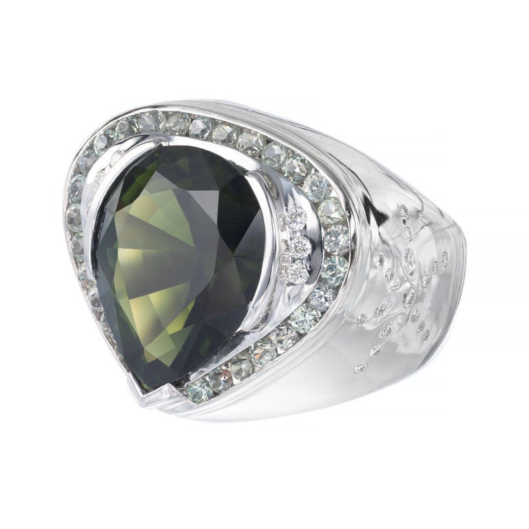 6.12 Carat Pear Green Tourmaline Diamond Sapphire Halo Gold Cocktail Ring – image 2
