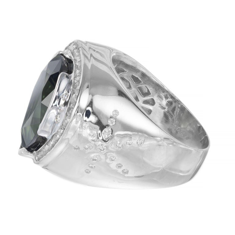 6.12 Carat Pear Green Tourmaline Diamond Sapphire Halo Gold Cocktail Ring – image 6