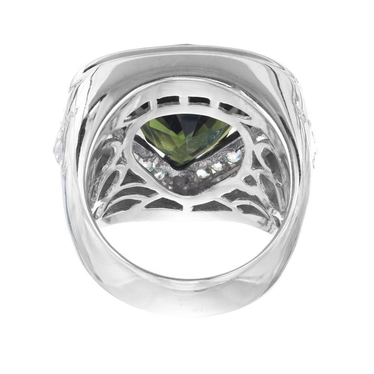 6.12 Carat Pear Green Tourmaline Diamond Sapphire Halo Gold Cocktail Ring – image 5
