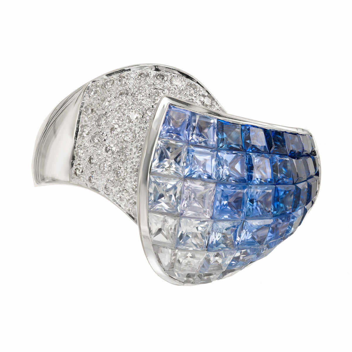 6.65 Carat Blue White Invisible Sapphire Diamond Gold Cocktail Ring