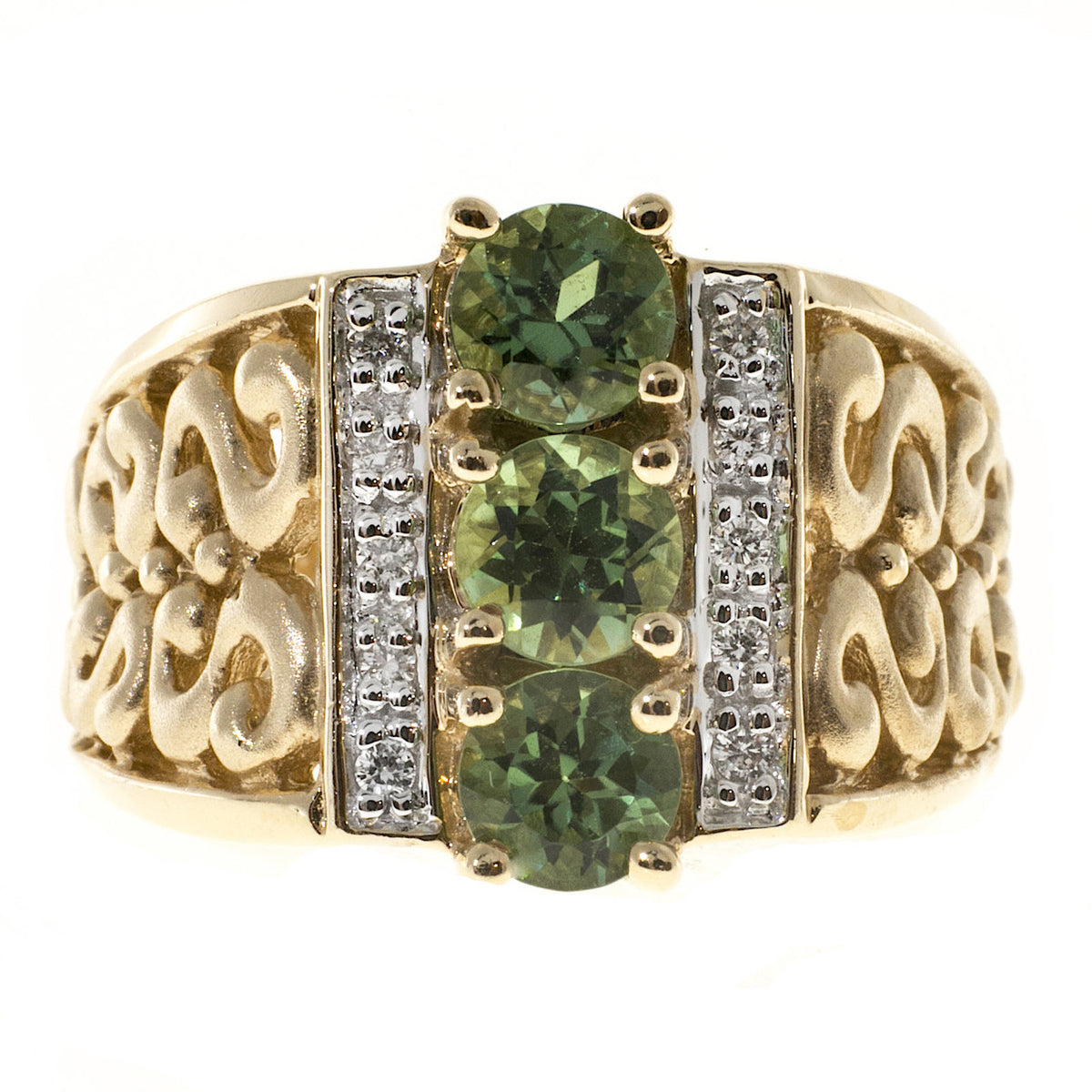 Vintage Designer NH 1.30CT Green Tourmaline 14K Gold .10CT Full Cut Diamond Ring