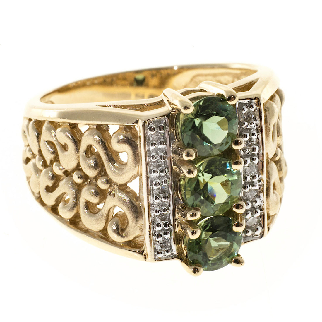 Vintage Designer NH 1.30CT Green Tourmaline 14K Gold .10CT Full Cut Diamond Ring – image 4