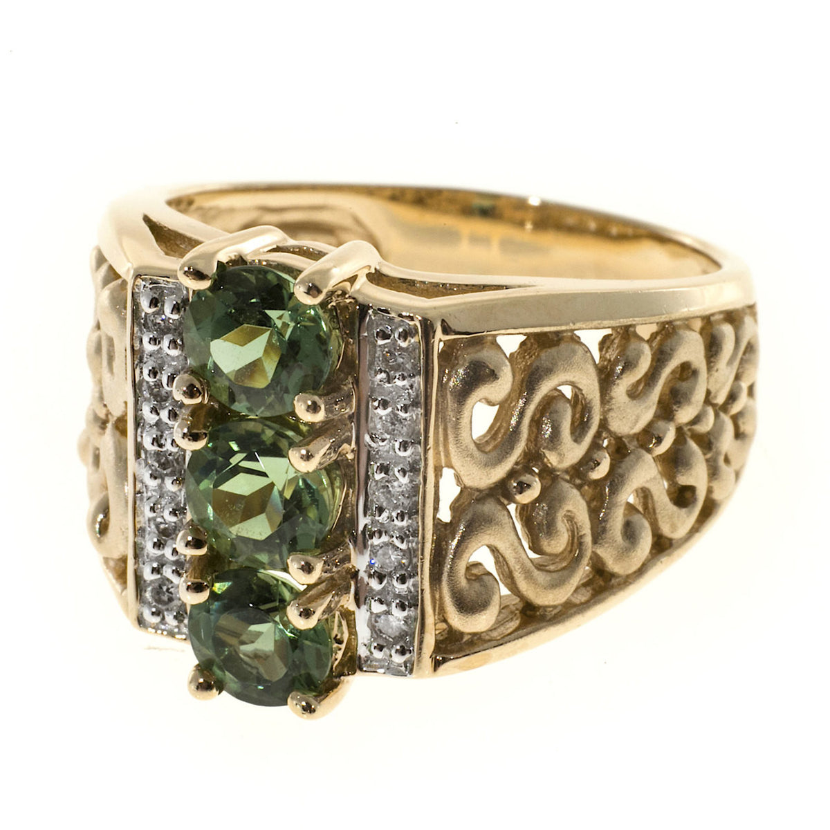 Vintage Designer NH 1.30CT Green Tourmaline 14K Gold .10CT Full Cut Diamond Ring – image 5