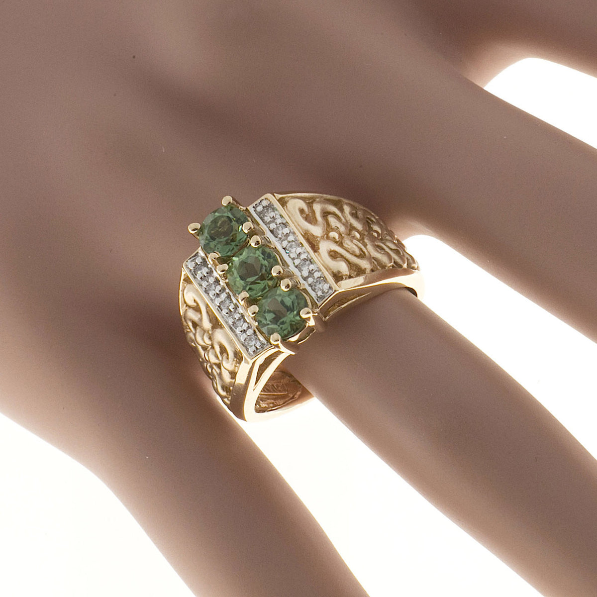 Vintage Designer NH 1.30CT Green Tourmaline 14K Gold .10CT Full Cut Diamond Ring – image 7