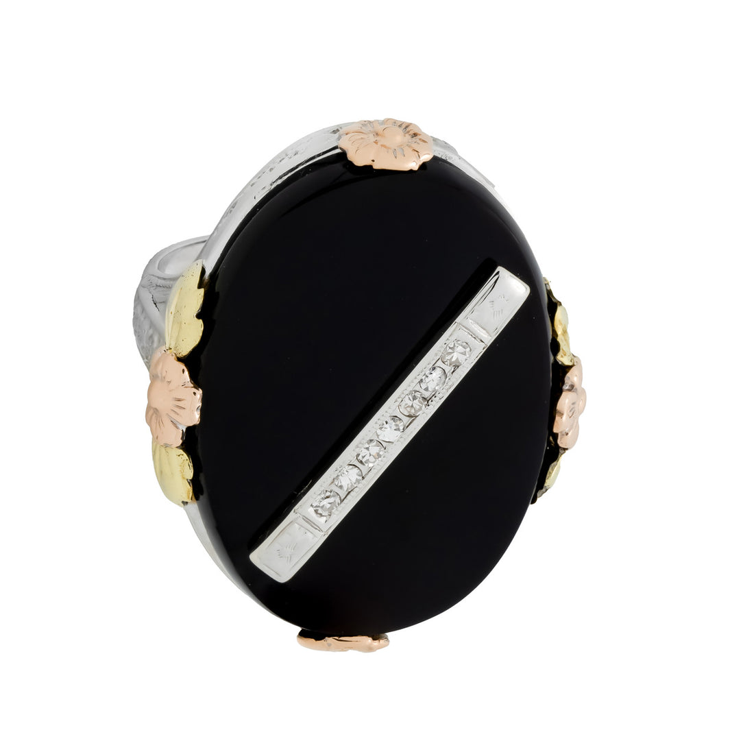 Vintage Filigree 14k White Rose Gold Oval Black Onyx Diamond Ring – image 2