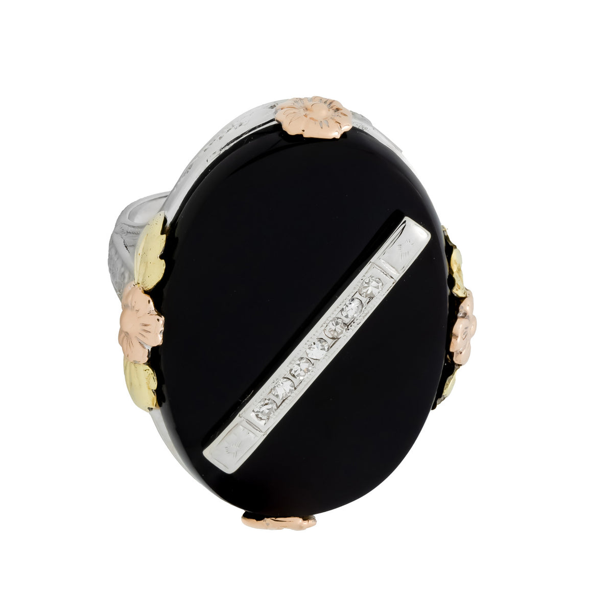Vintage Filigree 14k White Rose Gold Oval Black Onyx Diamond Ring – image 2