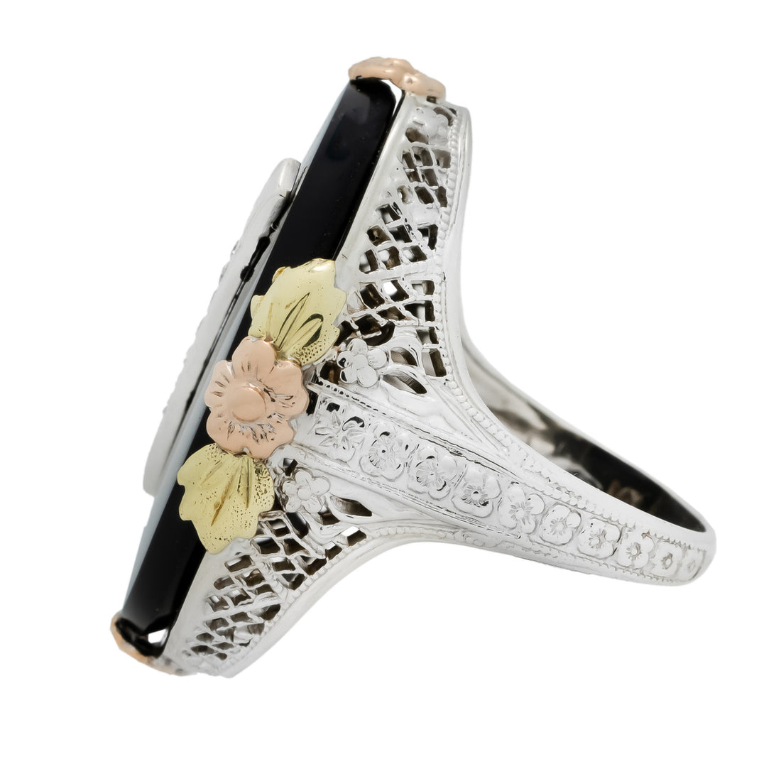 Vintage Filigree 14k White Rose Gold Oval Black Onyx Diamond Ring – image 4