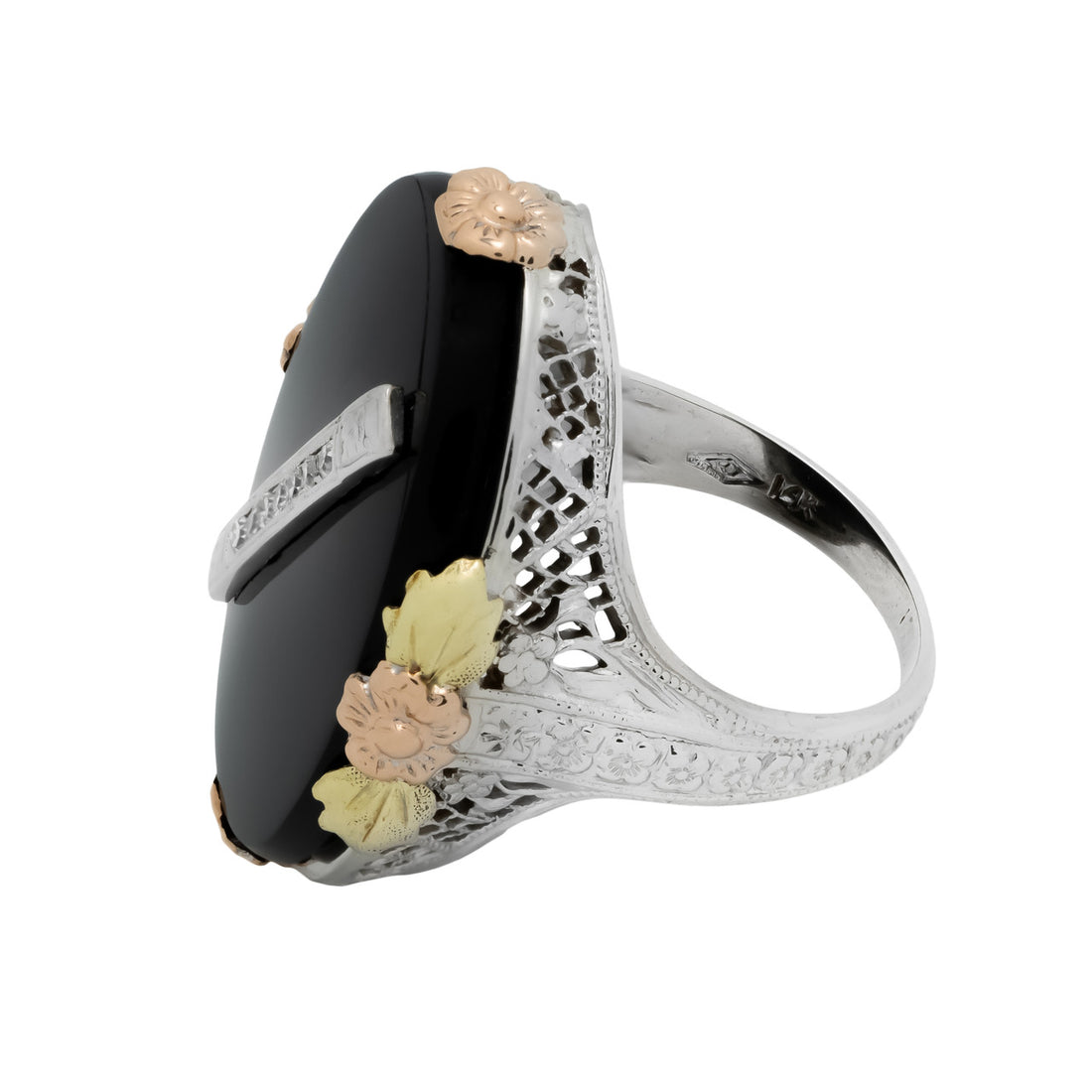 Vintage Filigree 14k White Rose Gold Oval Black Onyx Diamond Ring – image 5