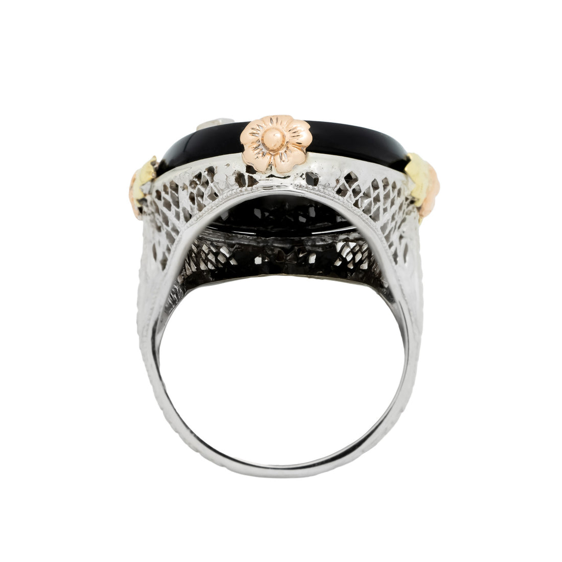 Vintage Filigree 14k White Rose Gold Oval Black Onyx Diamond Ring – image 3