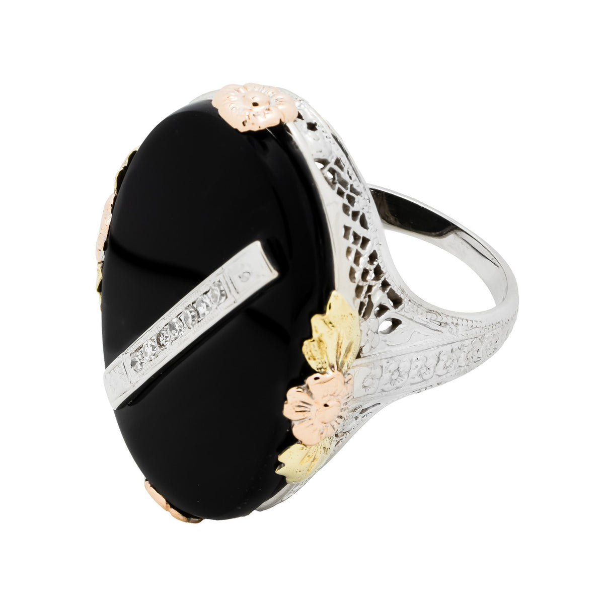 Vintage Filigree 14k White Rose Gold Oval Black Onyx Diamond Ring