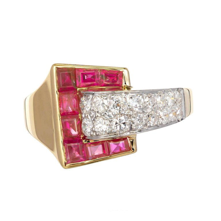 Ruby diamond 18k Yellow Gold Platinum Buckle Cocktail Ring – image 2