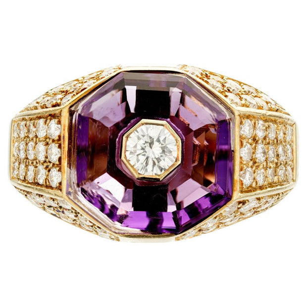 3.50 Carat Octagonal Amethyst Halo Diamond Gold Ring
