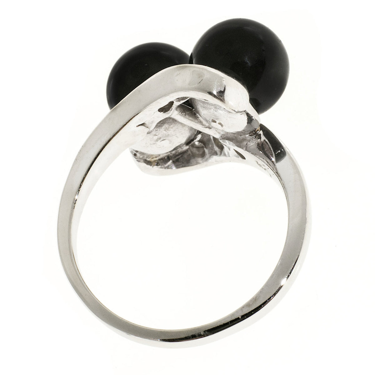 Vintage 1950s 2 7mm Black Onyx Beads 14k Gold Single Cut Diamond Swirl Ring – image 3