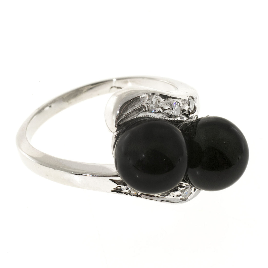 Vintage 1950s 2 7mm Black Onyx Beads 14k Gold Single Cut Diamond Swirl Ring – image 4