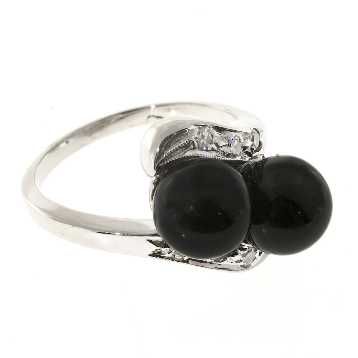 Vintage 1950s 2 7mm Black Onyx Beads 14k Gold Single Cut Diamond Swirl Ring – image 4