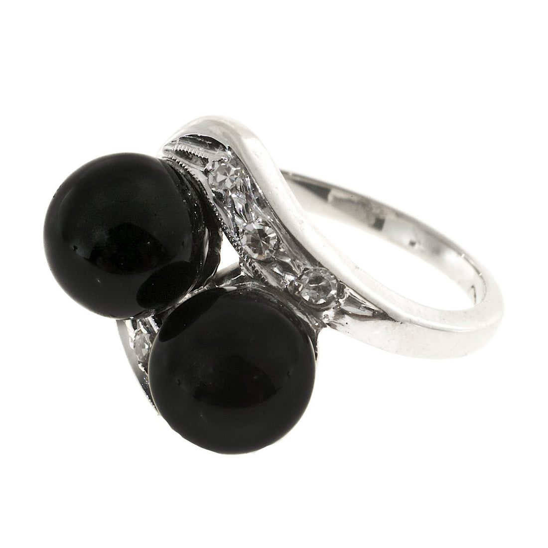 Vintage 1950s 2 7mm Black Onyx Beads 14k Gold Single Cut Diamond Swirl Ring – image 5