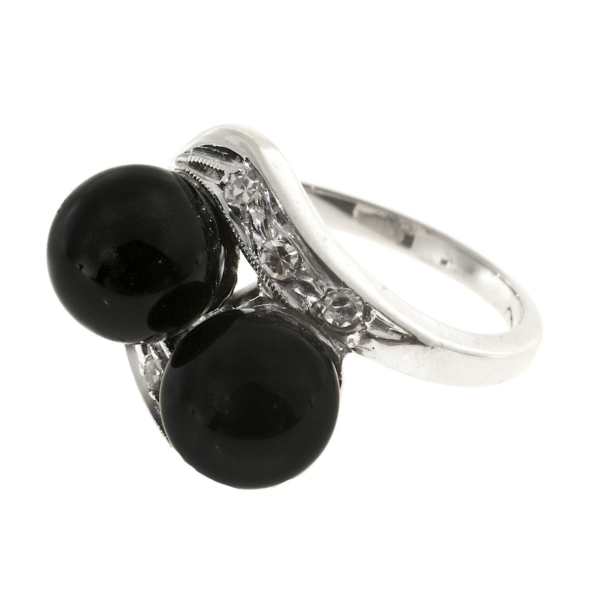 Vintage 1950s 2 7mm Black Onyx Beads 14k Gold Single Cut Diamond Swirl Ring – image 5