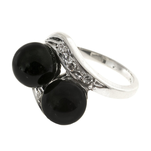 Vintage 1950s 2 7mm Black Onyx Beads 14k Gold Single Cut Diamond Swirl Ring