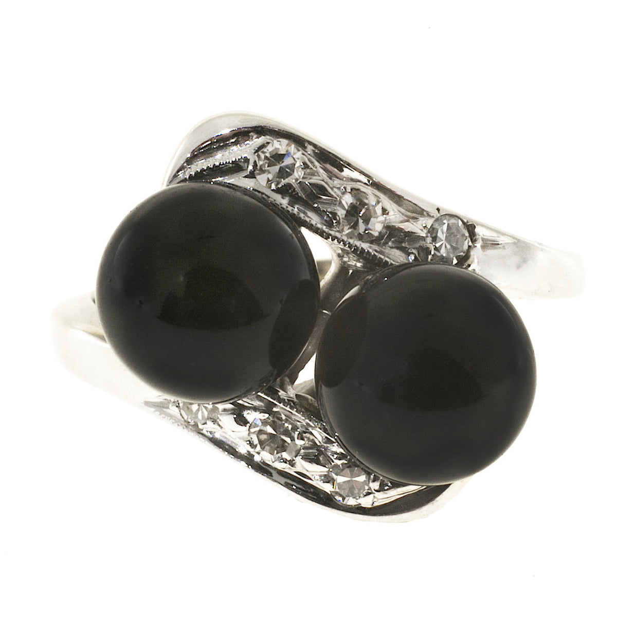 Vintage 1950s 2 7mm Black Onyx Beads 14k Gold Single Cut Diamond Swirl Ring – image 8