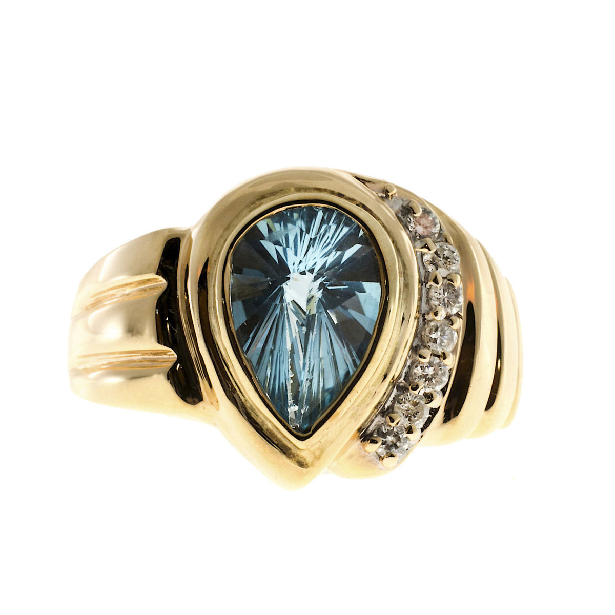 Vintage 2.25ct Pear Shape Sky Blue Topaz .10ct Full Cut Diamond Swirl 14k Ring