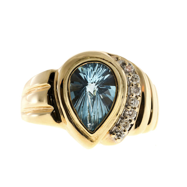 Vintage 2.25ct Pear Shape Sky Blue Topaz .10ct Full Cut Diamond Swirl 14k Ring