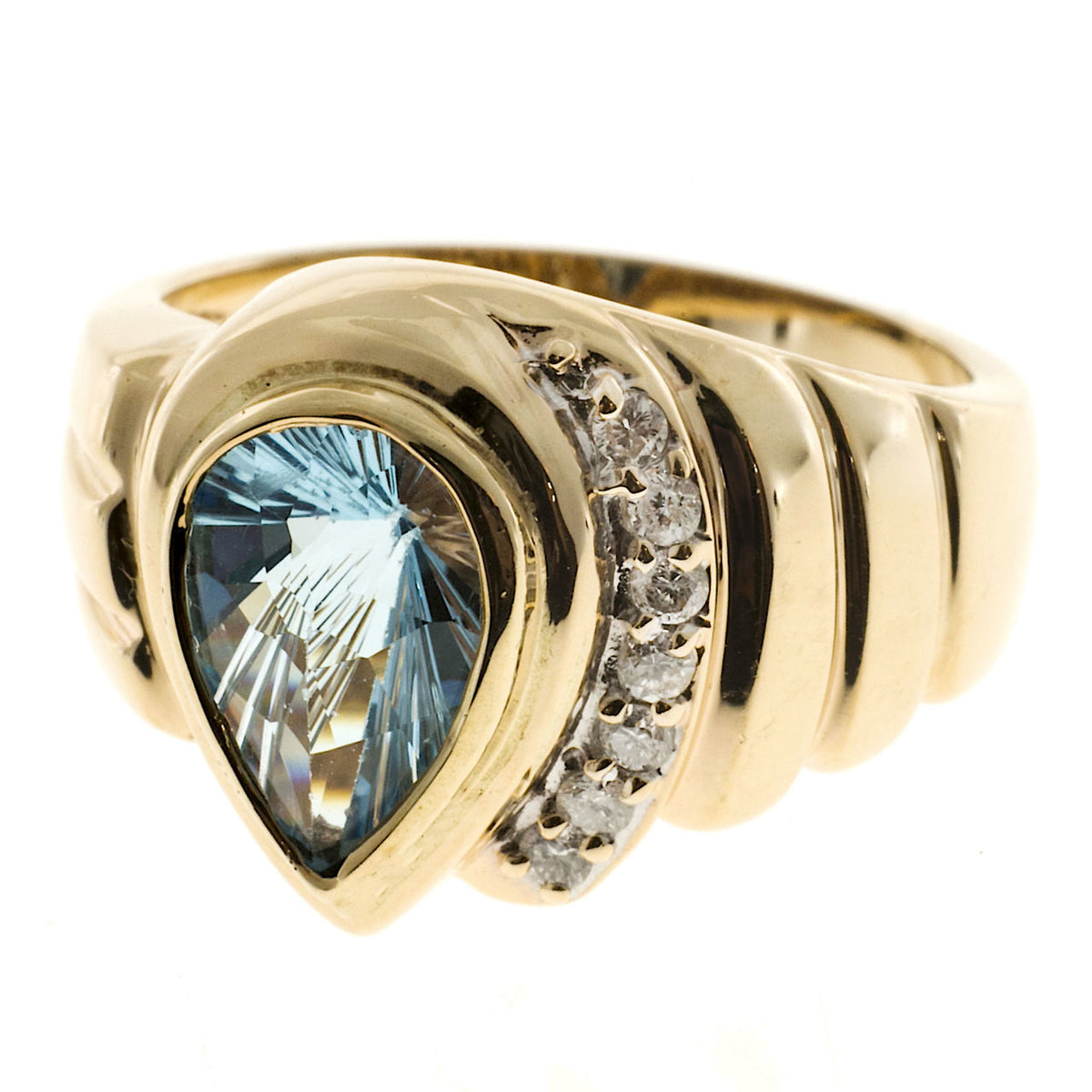 Vintage 2.25ct Pear Shape Sky Blue Topaz .10ct Full Cut Diamond Swirl 14k Ring – image 5