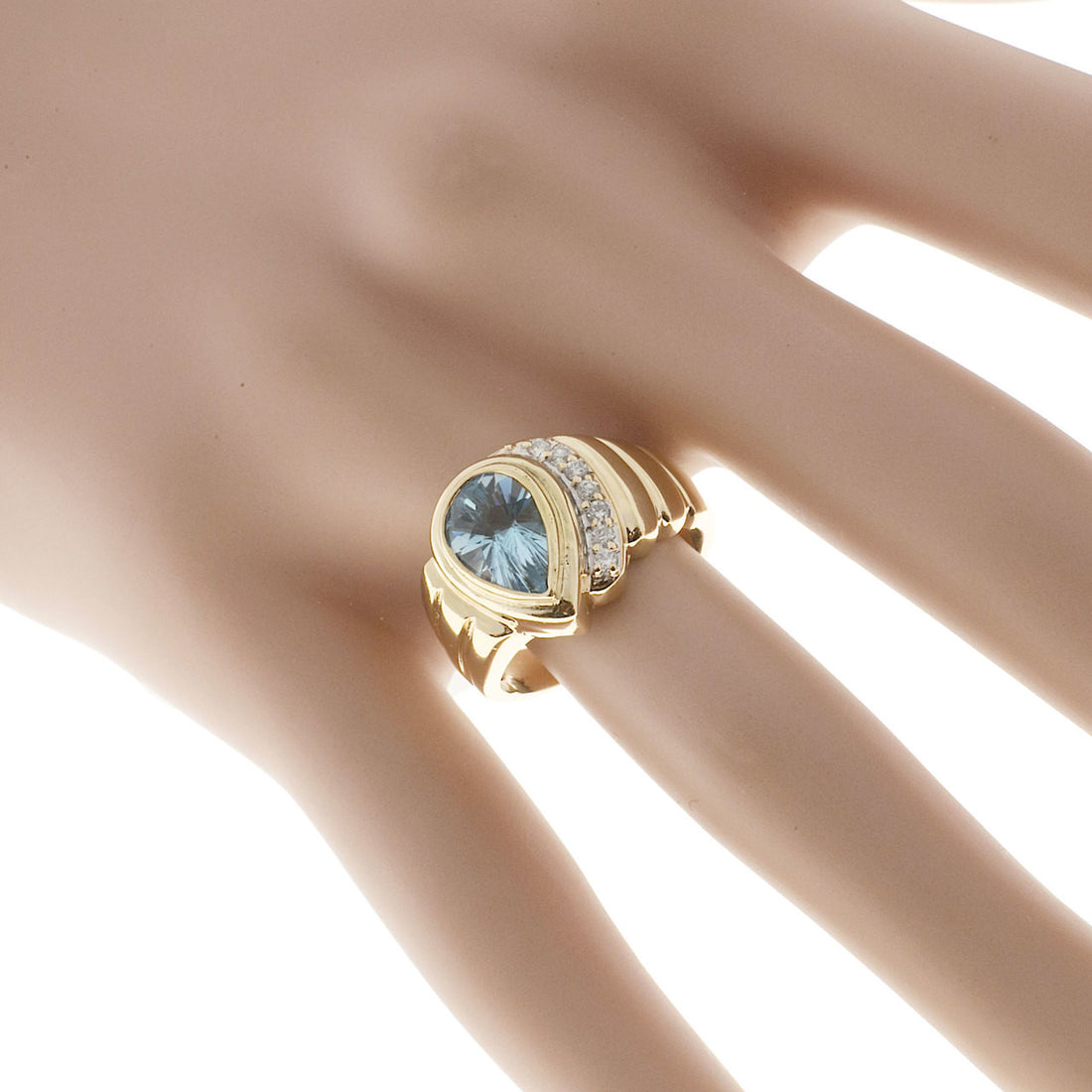 Vintage 2.25ct Pear Shape Sky Blue Topaz .10ct Full Cut Diamond Swirl 14k Ring – image 7