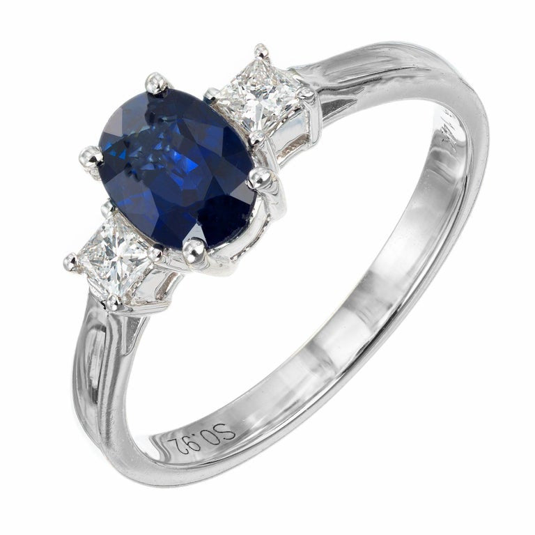 GIA .92 Carat Royal Blue Sapphire White Gold Diamond Three-Stone Engagement Ring – image 2