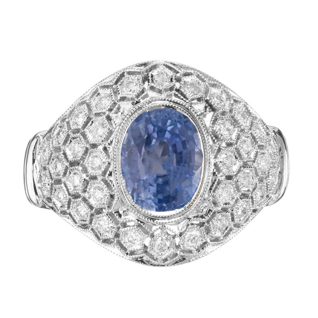 GIA Certified Natural Blue Sapphire Diamond Dome Cluster Cocktail Ring – image 2
