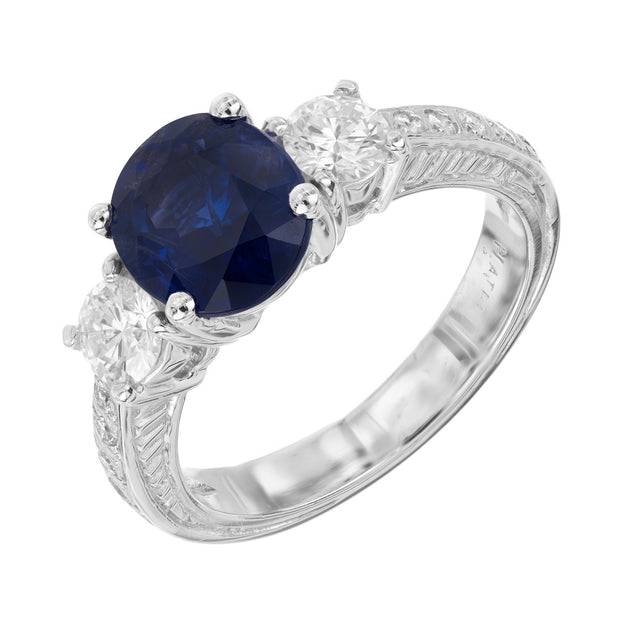 Peter Suchy 3 Stone Royal Blue Sapphire Platinum Diamond Ring