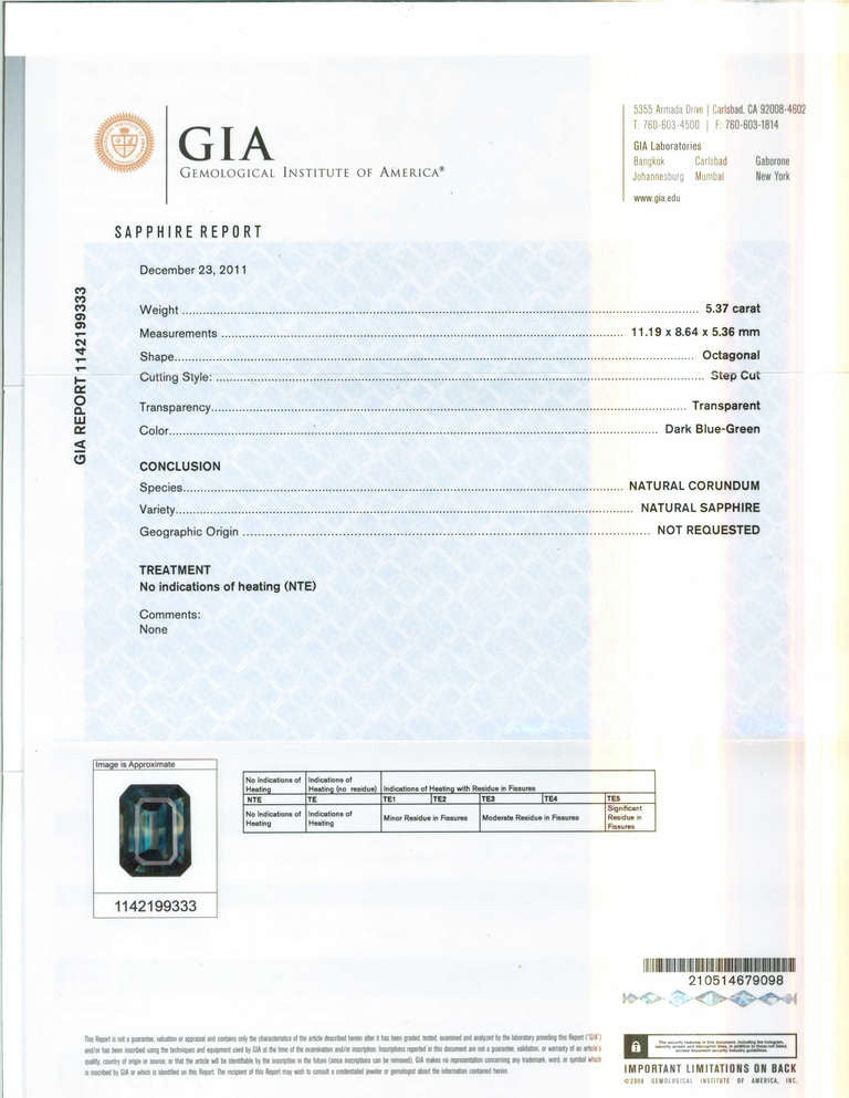 GIA 5.37 Carat Green Sapphire Diamond Three-Stone Engagement Platinum Ring – image 3