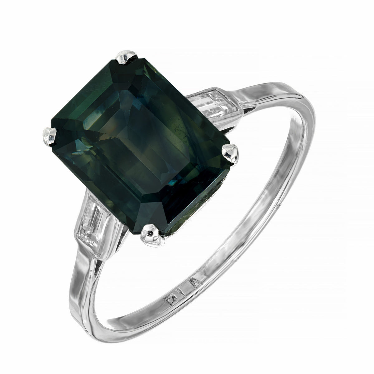 GIA 5.37 Carat Green Sapphire Diamond Three-Stone Engagement Platinum Ring
