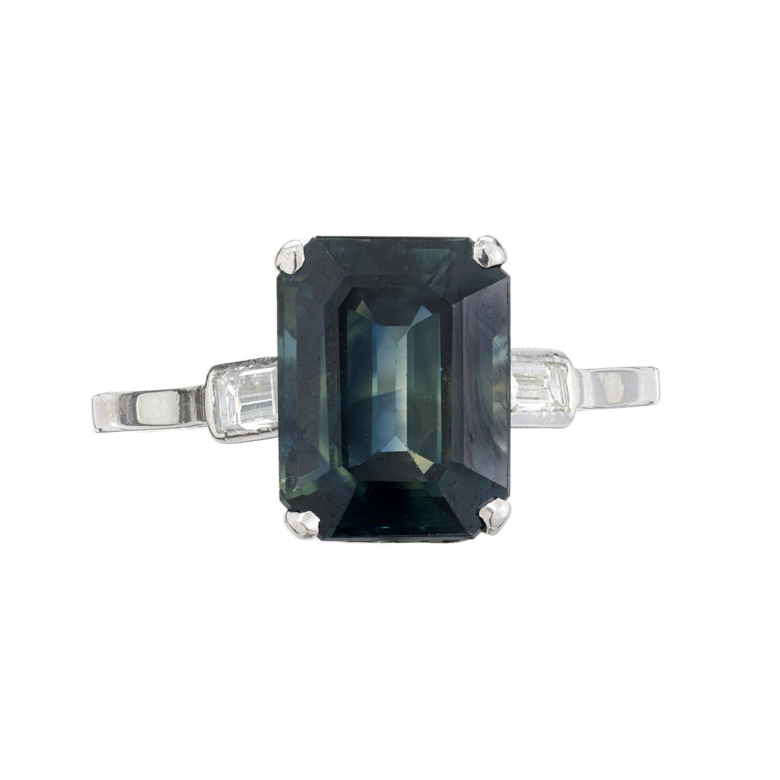 GIA 5.37 Carat Green Sapphire Diamond Three-Stone Engagement Platinum Ring – image 2