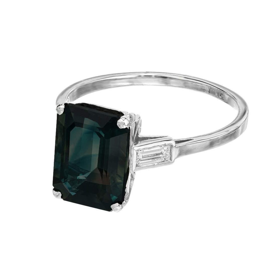 GIA 5.37 Carat Green Sapphire Diamond Three-Stone Engagement Platinum Ring – image 4