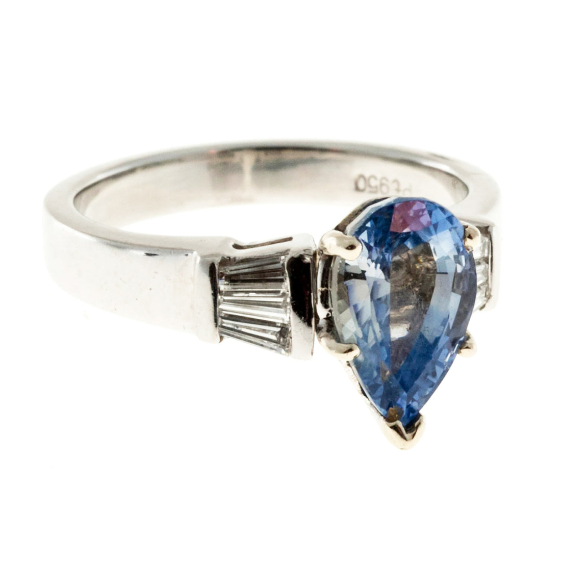 Vintage 2.62ct Fancy Light Blue Pear Sapphire Platinum .18ct Taper Diamond Ring – image 4